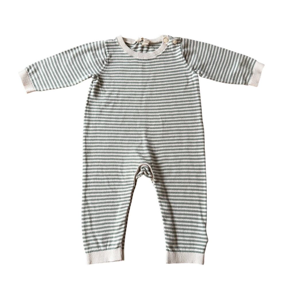 Baby Gap Knit Striped Romper 12–18M Green Cream Button Shoulder - Picture 1 of 3